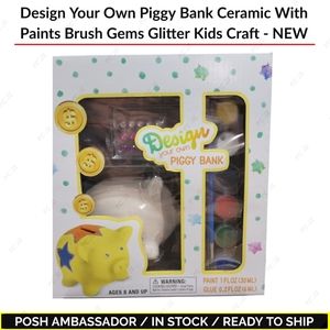 Design Your Own Piggy Bank Ceramic With Paints Brush Gems Glitter Kids Craft~NEW
